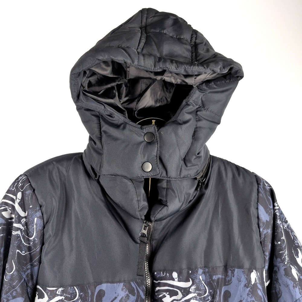 Therapy Mens XL Puffer Jacket Black Blue Marble Print Detachable Hood Insulated